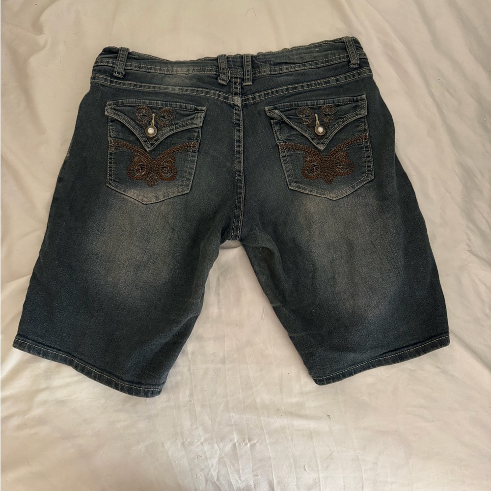 Denim Jorts with Embroidered Pockets